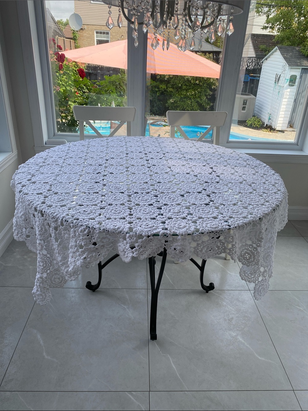 Handmade White Floral Square Crochet Tablecloth
Size: 57”x 59”